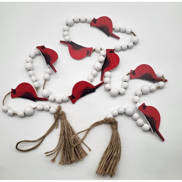 unbranded Other - Red Cardinal Bird Wooden Garland White Balls Christmas Holiday 60 Inch Country